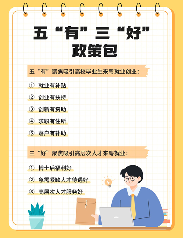 為深入實(shí)施“百萬英才匯南粵”行動(dòng)計(jì)劃，廣東匯集五“有”三“好”政策包，拿出誠意滿滿的激勵(lì)政策，匯聚天下英才到南粵大地就業(yè)創(chuàng)業(yè)。